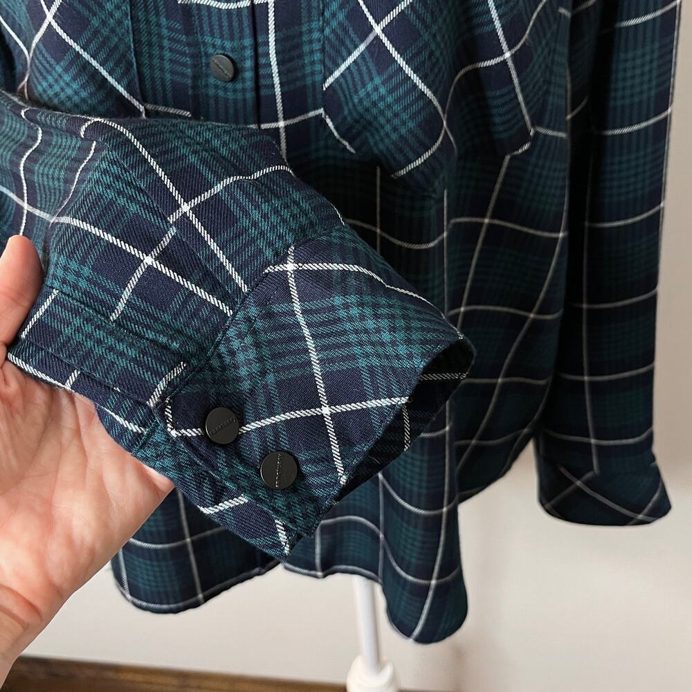 Sanctuary Women's Boyfriend Fit Shirt M Green & Blue Plaid Snap Button Up Rayon - Picture 5 of 9